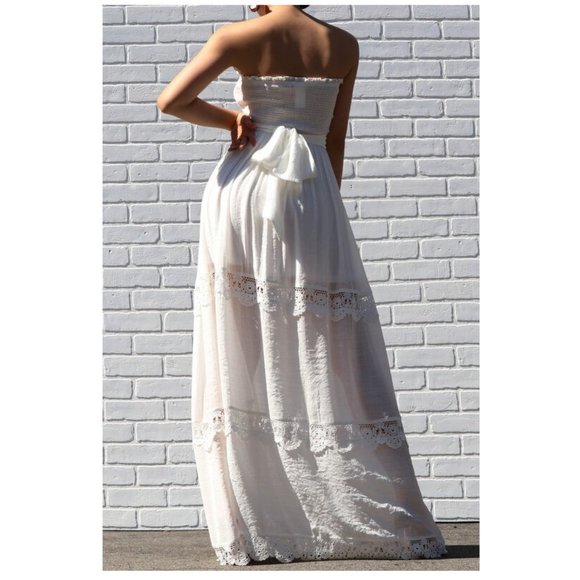 Boho Strapless Crochet Lace Trim Maxi Dress Bohemian White Long Dress - Picture 4 of 6
